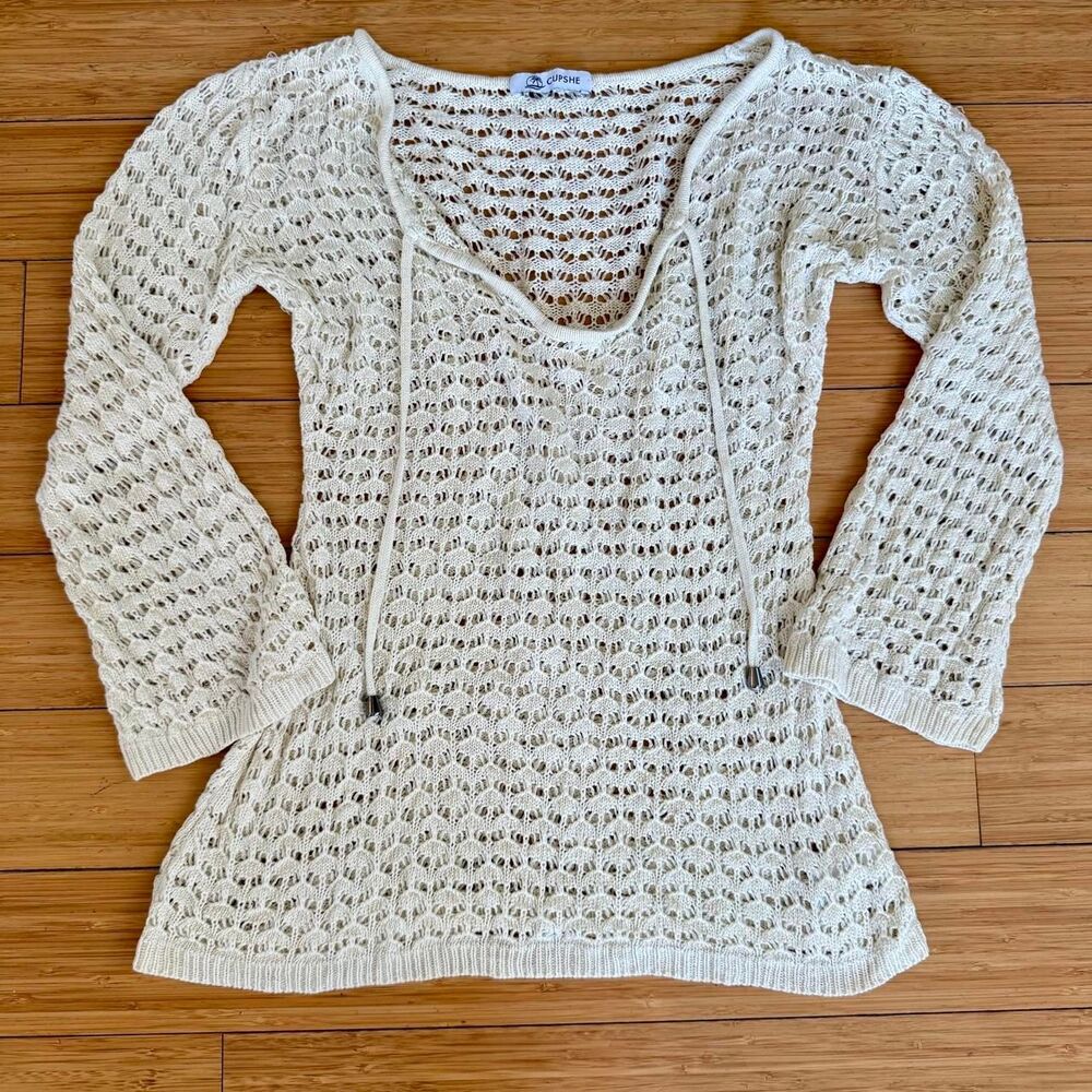 Cupshe Cream Knit Open Weave Beach Coverup Mini Dress Tunic